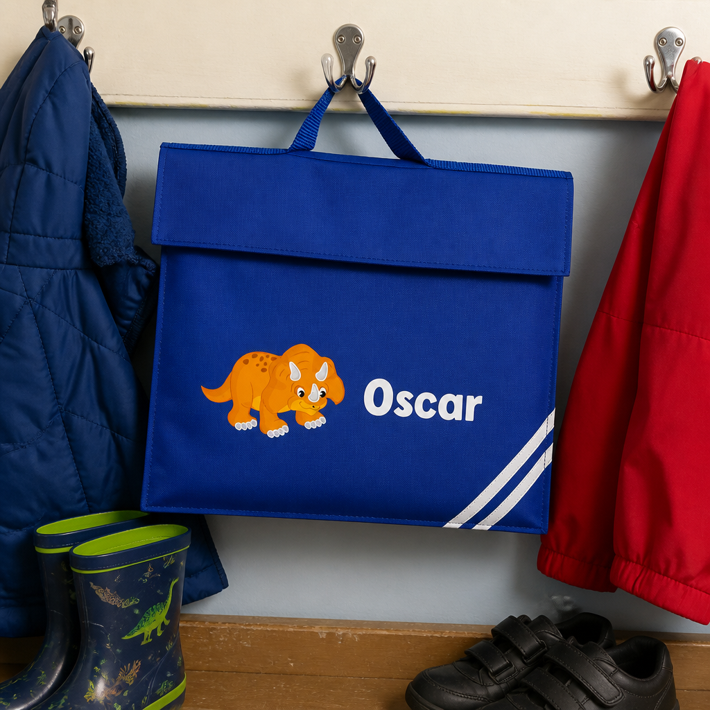 Personalised Triceratops Dinosaur School Book Bag with Name - Blue