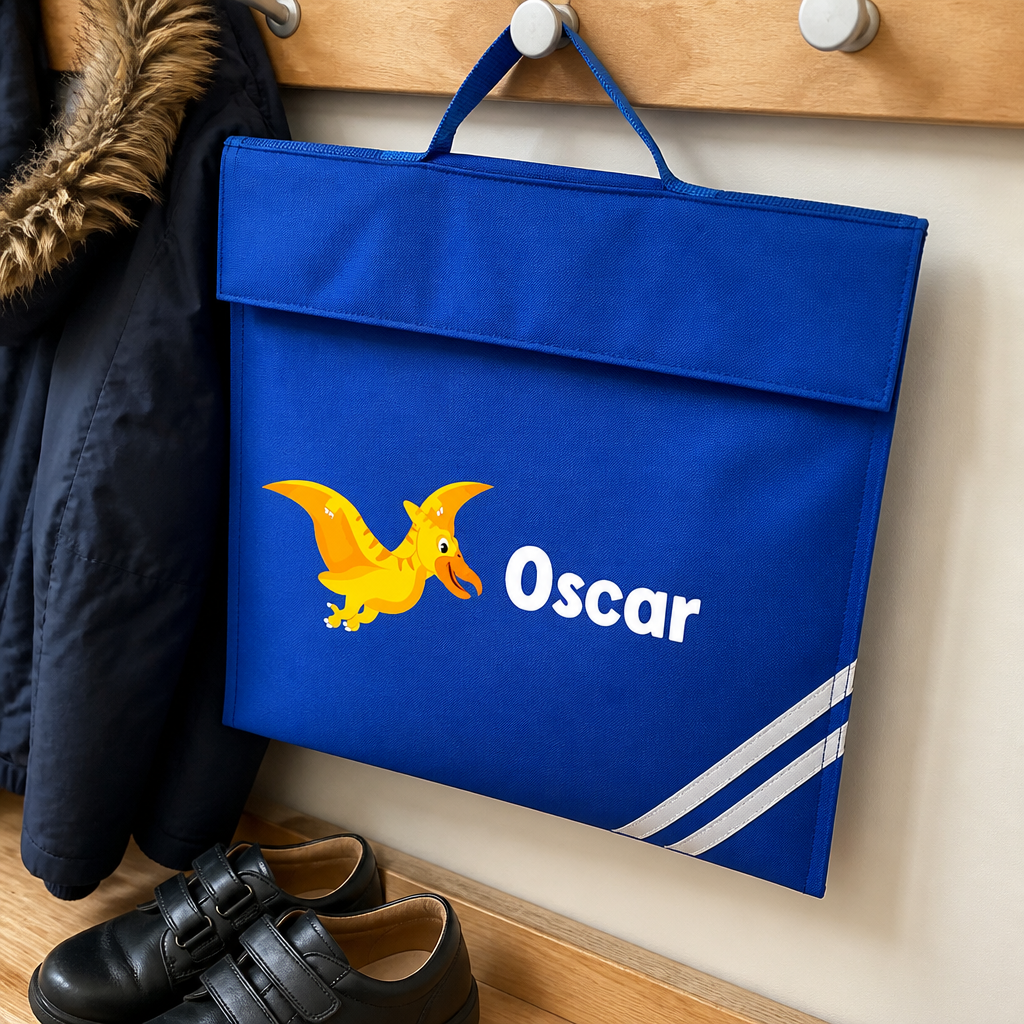 Personalised Flying Dinosaur School Book Bag with Name - Blue