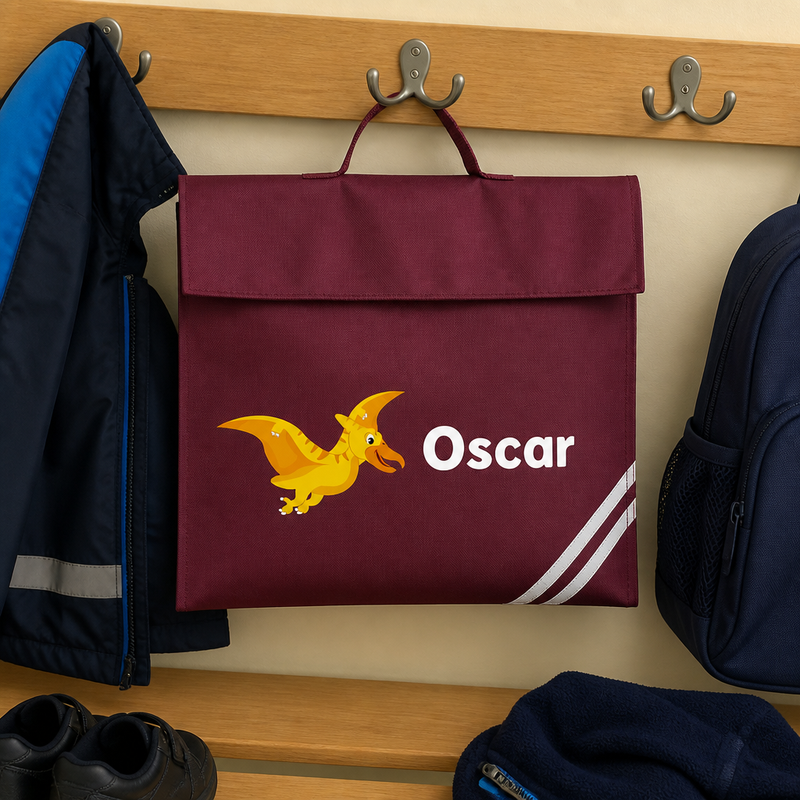 Personalised Flying Dinosaur School Book Bag with Name - Burgundy