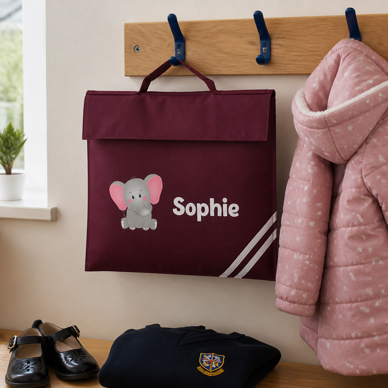 Personalised Elephant School Book Bag with Name - Burgundy