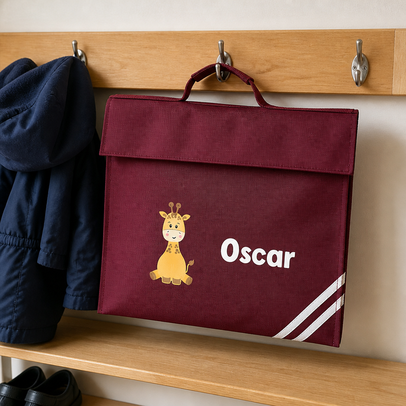 Personalised Giraffe Burgundy School Book Bag with Name