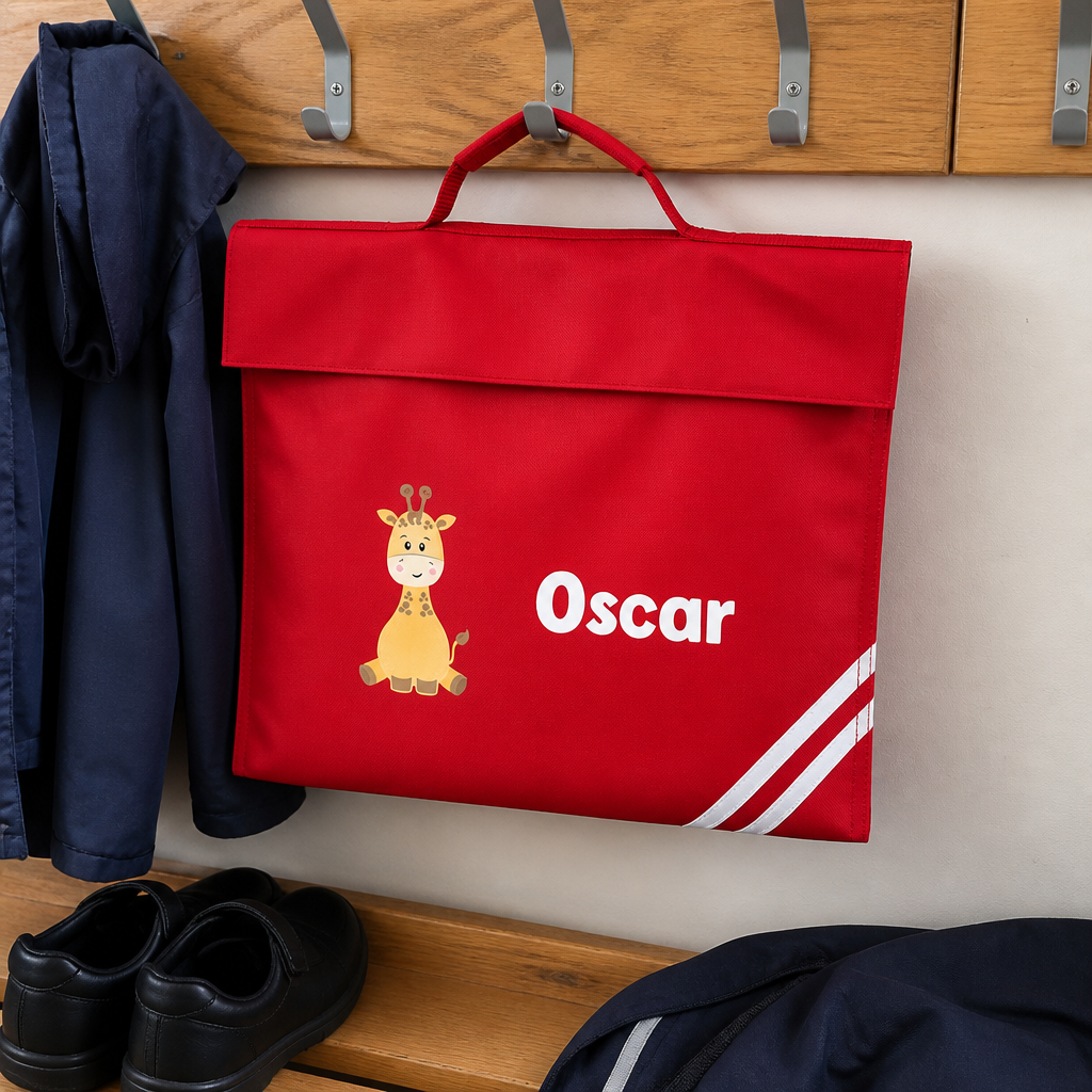 Personalised Red Cartoon Giraffe School Book Bag with Name
