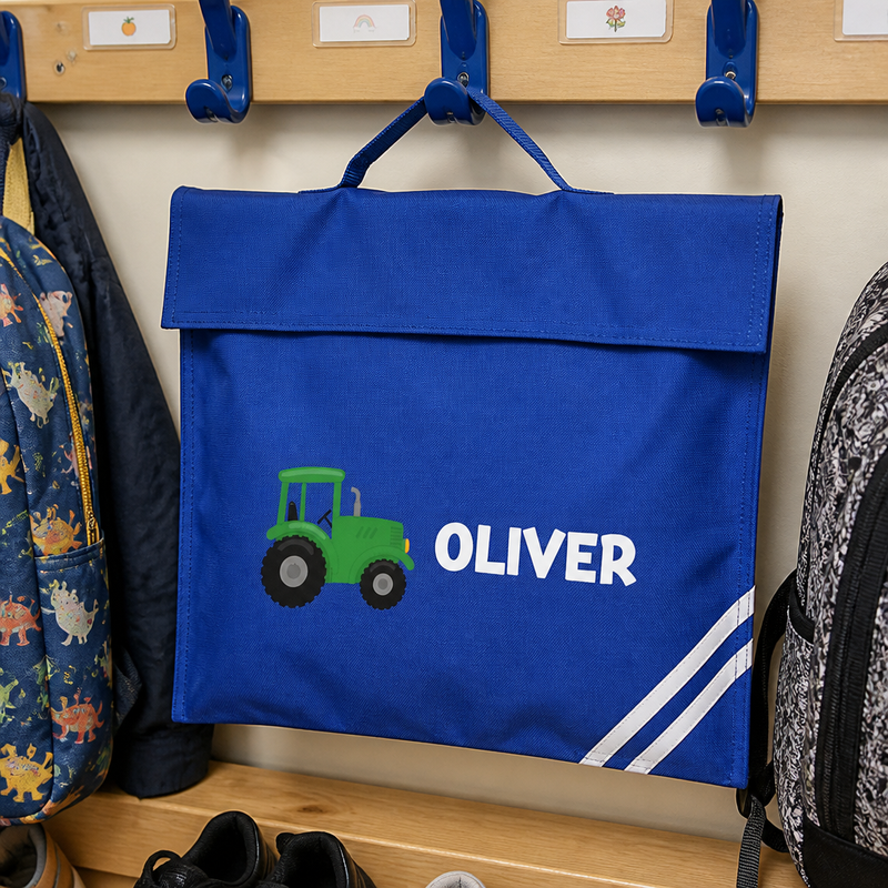Personalised Tractor Theme School Book Bag with Name - Blue