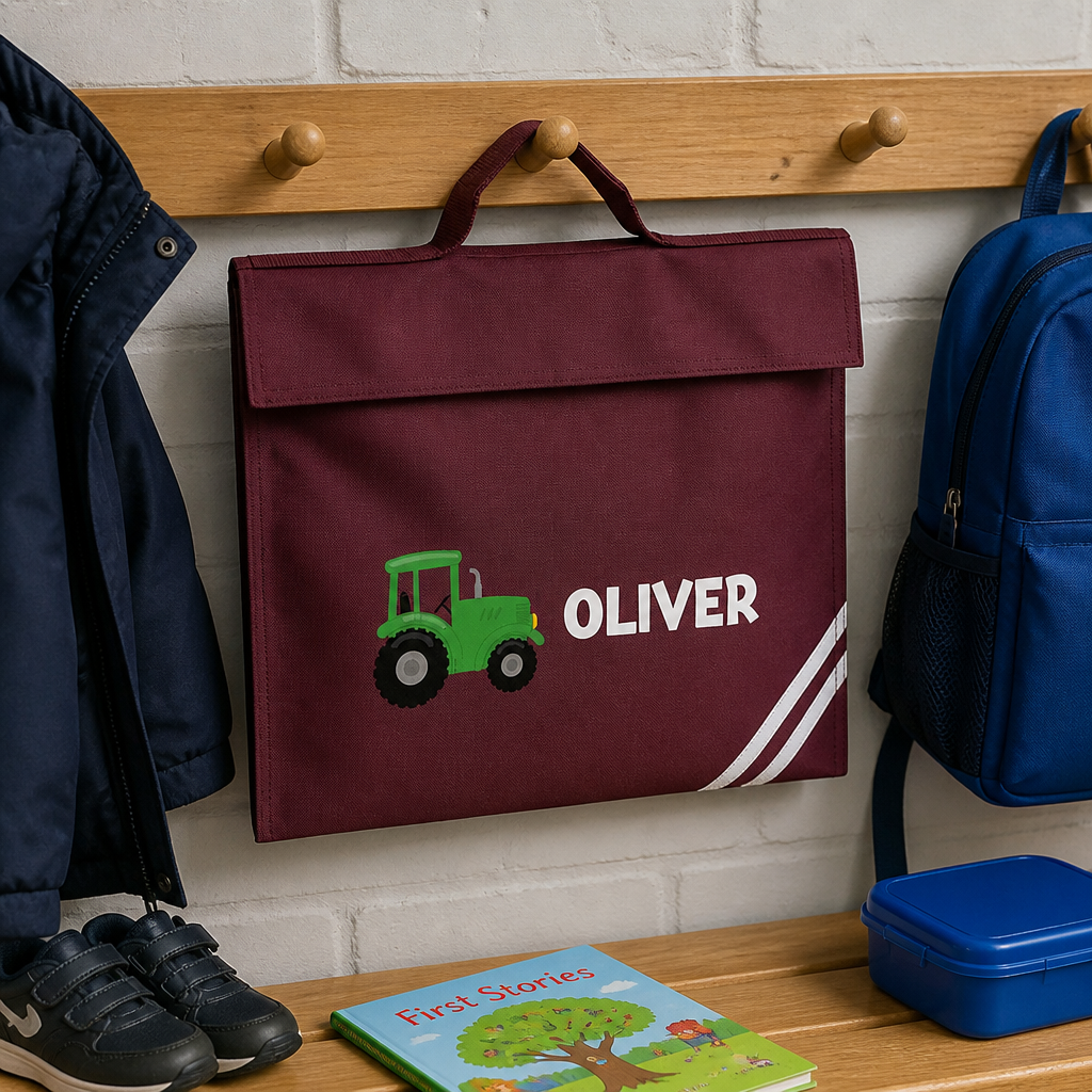 Personalised Green Tractor School Book Bag with Name - Burgundy