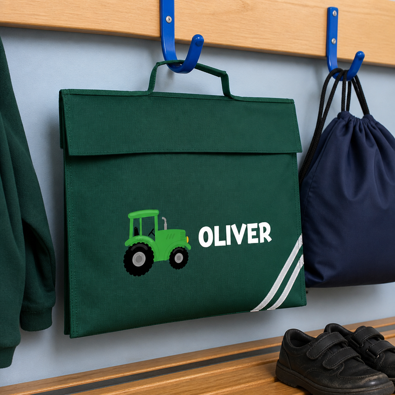 Personalised Green Tractor School Book Bag with Name - Green