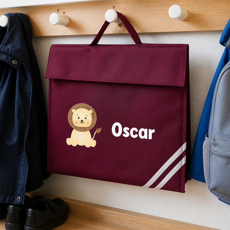 Personalised Burgundy Cute Lion School Book Bag with Name