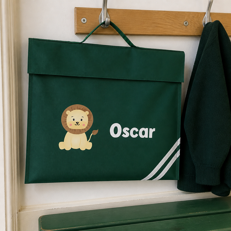 Personalised Green Cute Lion School Book Bag with Name