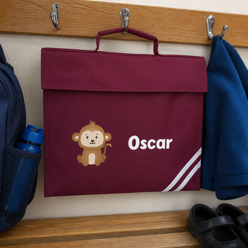 Personalised Monkey Burgundy School Book Bag with Name