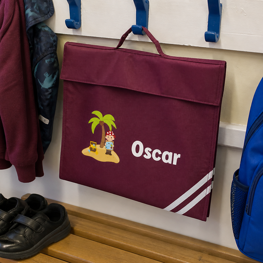 Personalised Pirate Treasure Island School Book Bag - Burgundy
