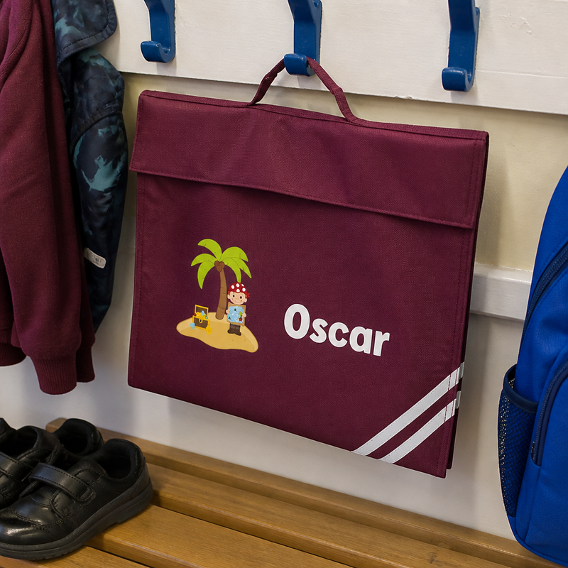 Personalised Pirate Treasure Island School Book Bag - Burgundy