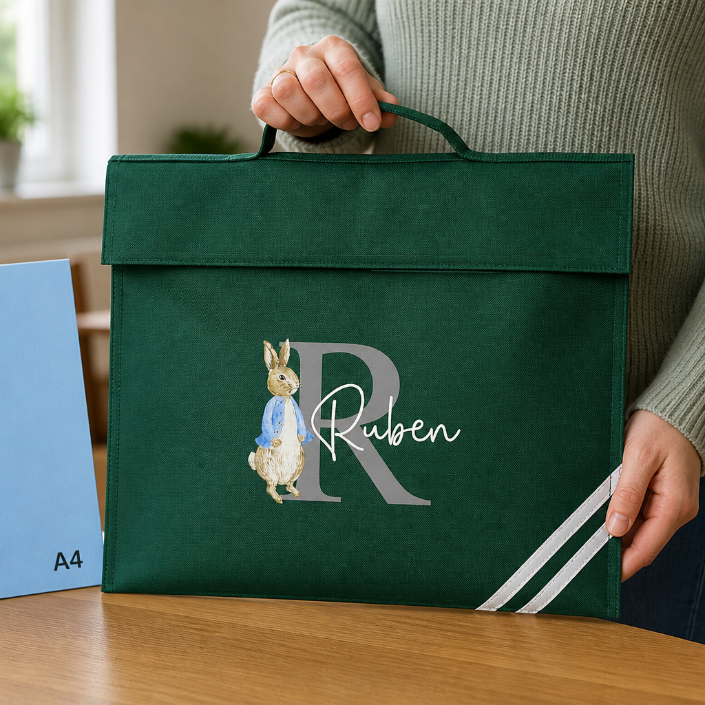 Personalised Rabbit Initial School Book Bag with Name - Green