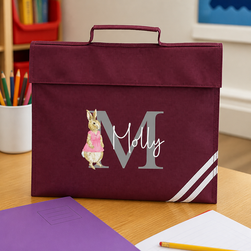 Personalised Rabbit Initial School Book Bag with Name & Initial - Burgundy