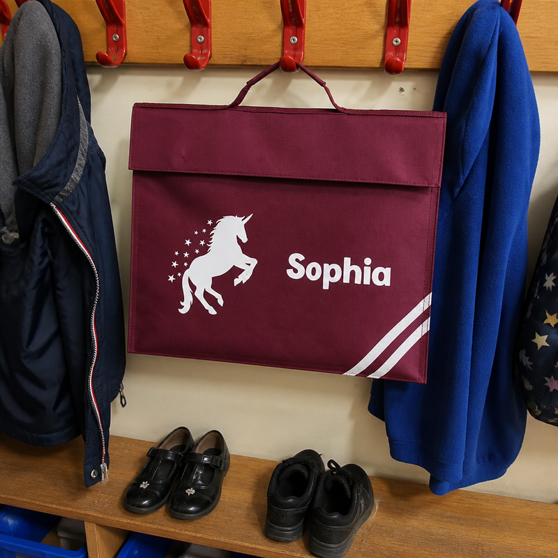 Personalised Burgundy Unicorn with Stars School Book Bag with Name