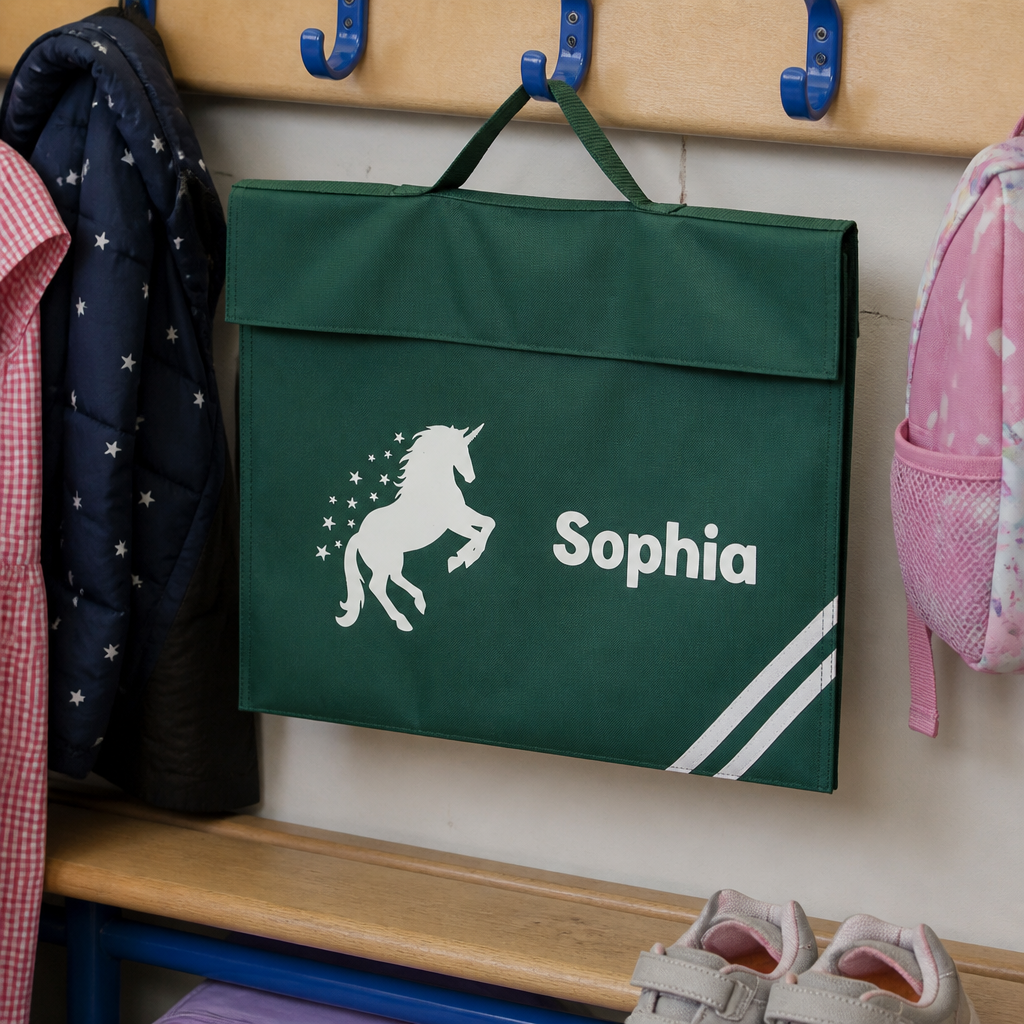 Personalised Dark Green Unicorn School Book Bag with Name