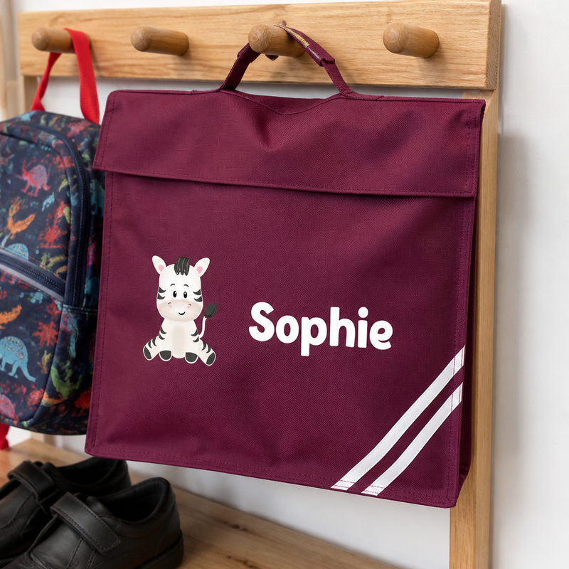 Personalised Cartoon Zebra Burgundy School Book Bag with Name