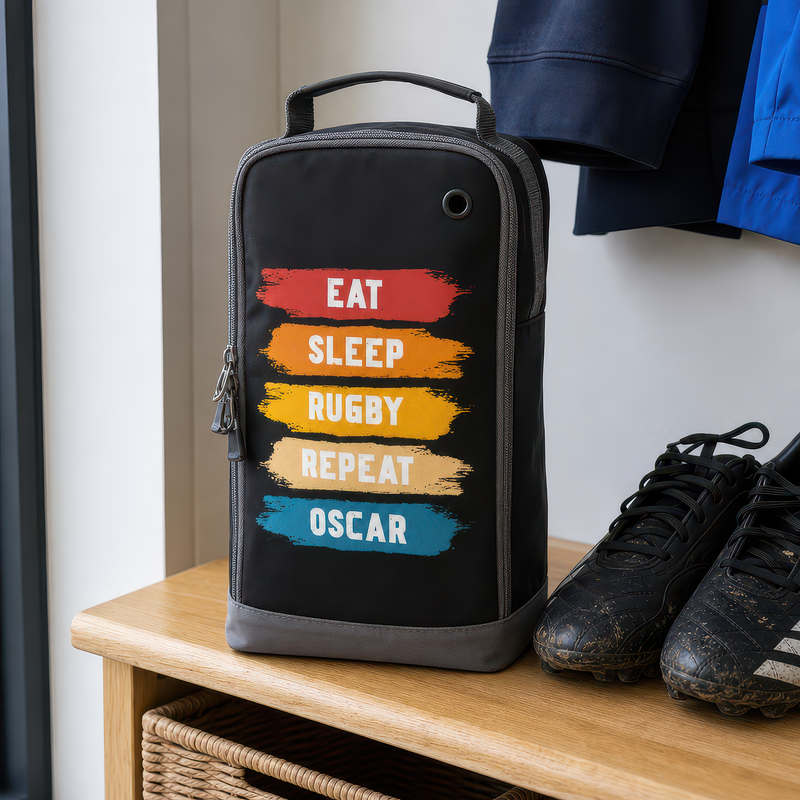 Personalised Eat Sleep Rugby Repeat Kids Boot Bag with Name - Black - alternative view