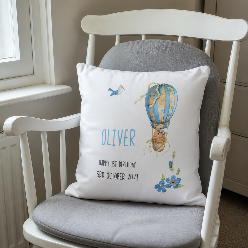 Personalised 1st Birthday White Hot Air Balloon Cushion