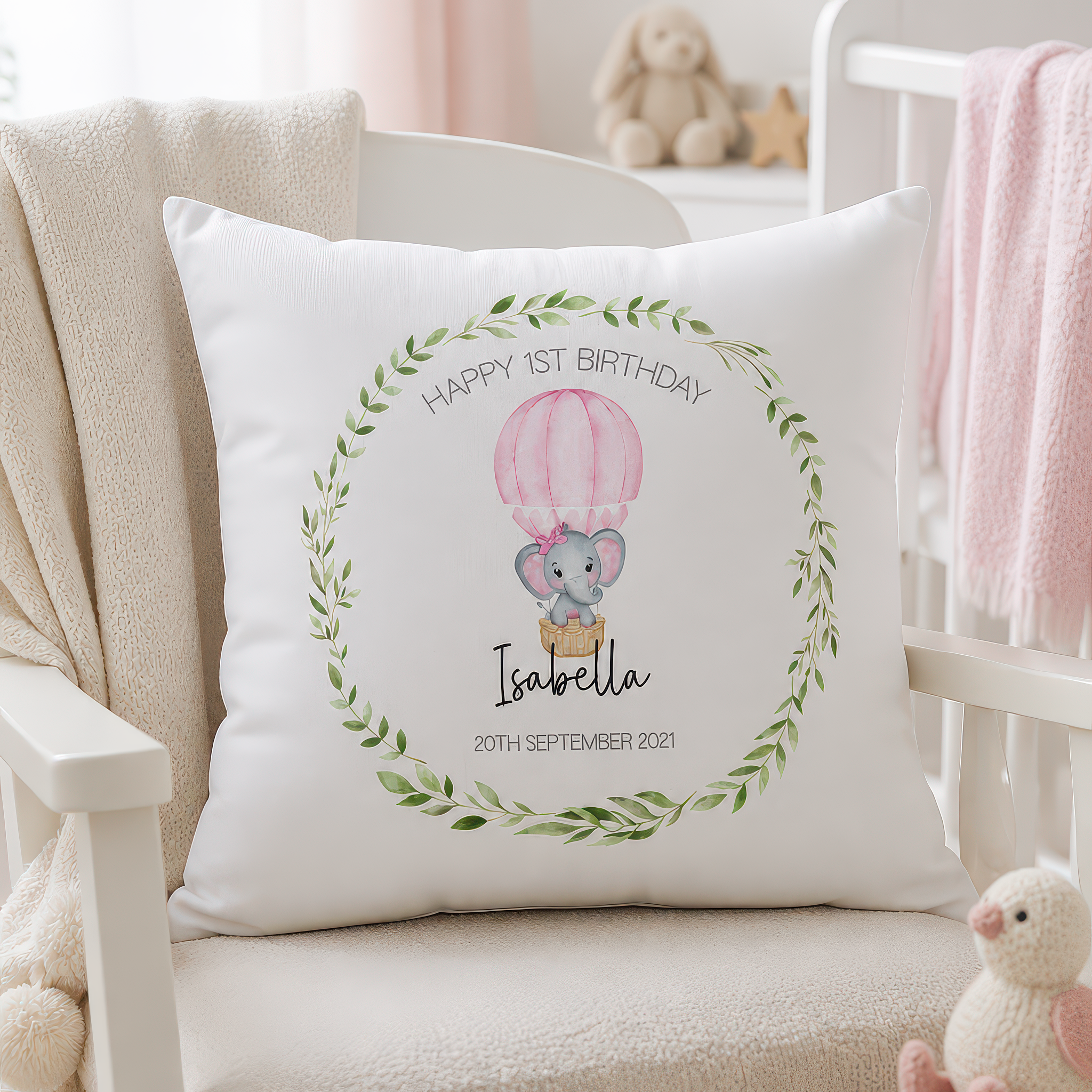 Personalised 1st Birthday Pink Elephant Cushion