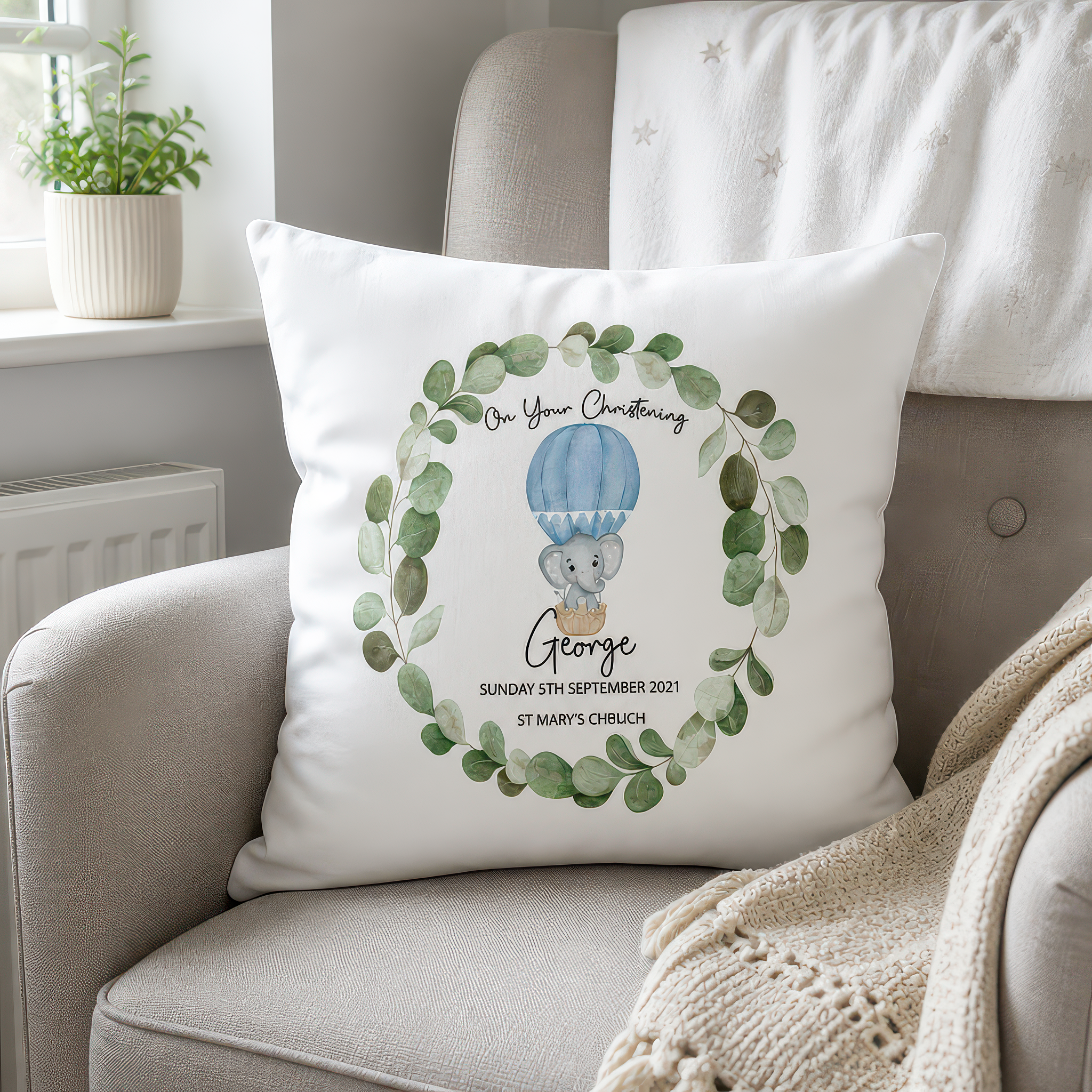 Personalised Blue Balloon Christening Cushion