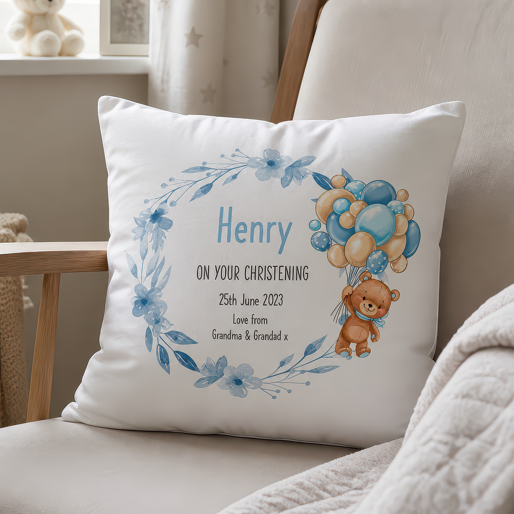 Personalised Blue Teddy Christening Cushion
