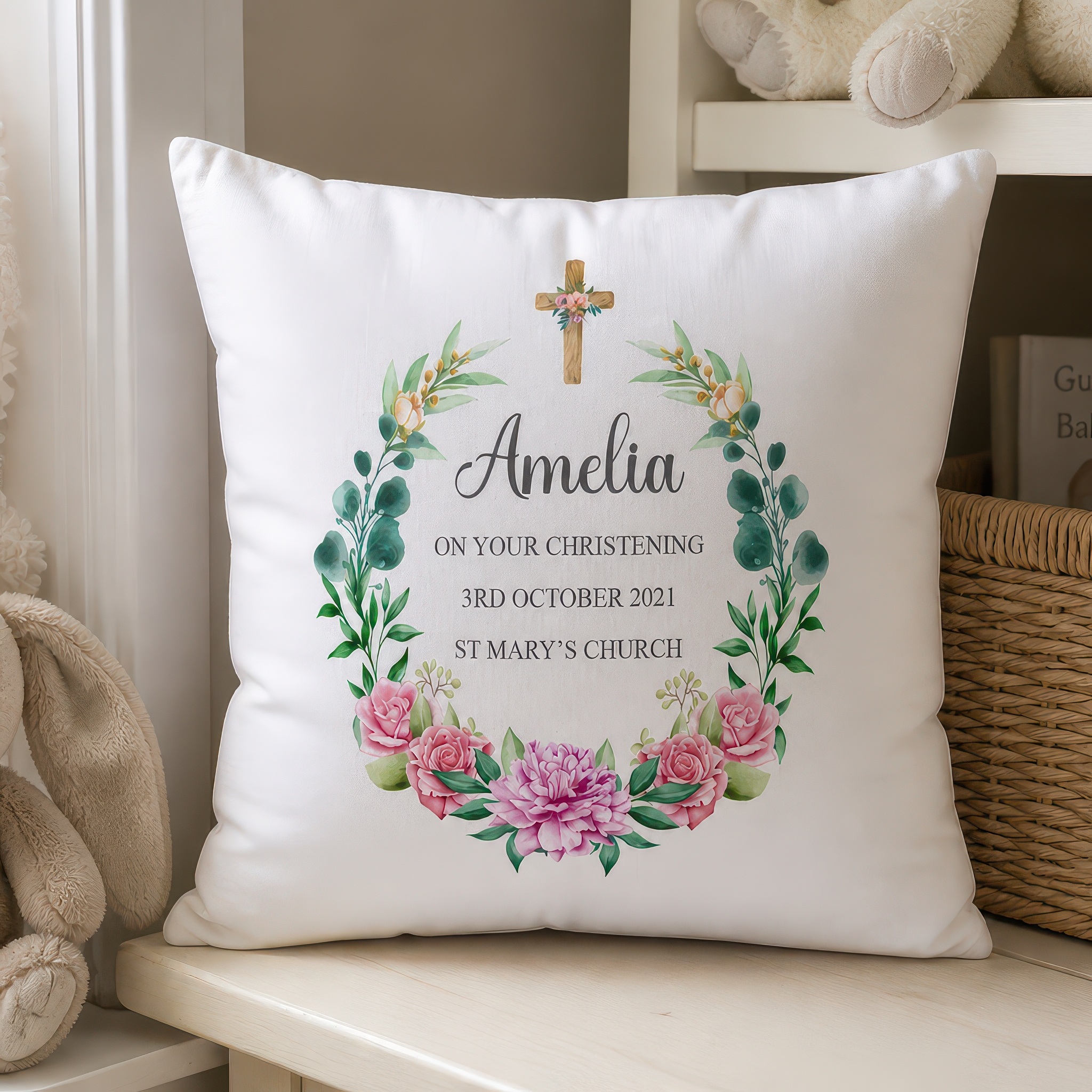 Personalised Floral Cross Christening Cushion