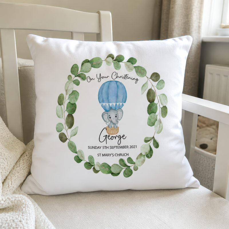 Personalised Blue Balloon Christening Cushion