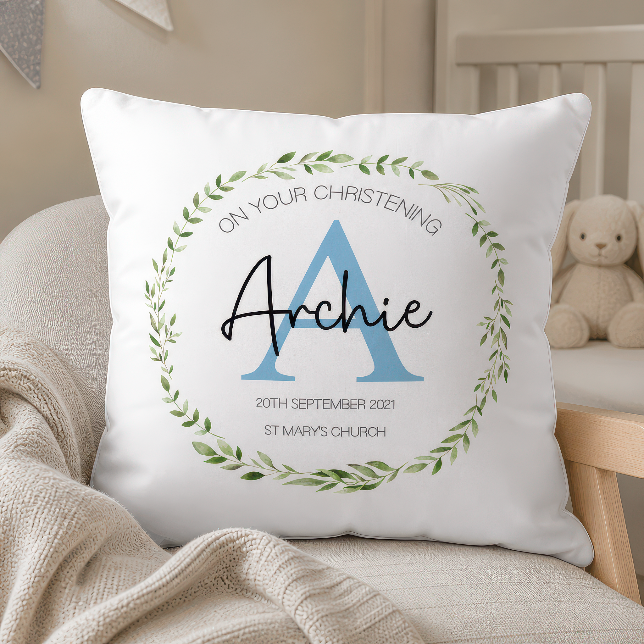 Personalised Blue Initial Christening Cushion