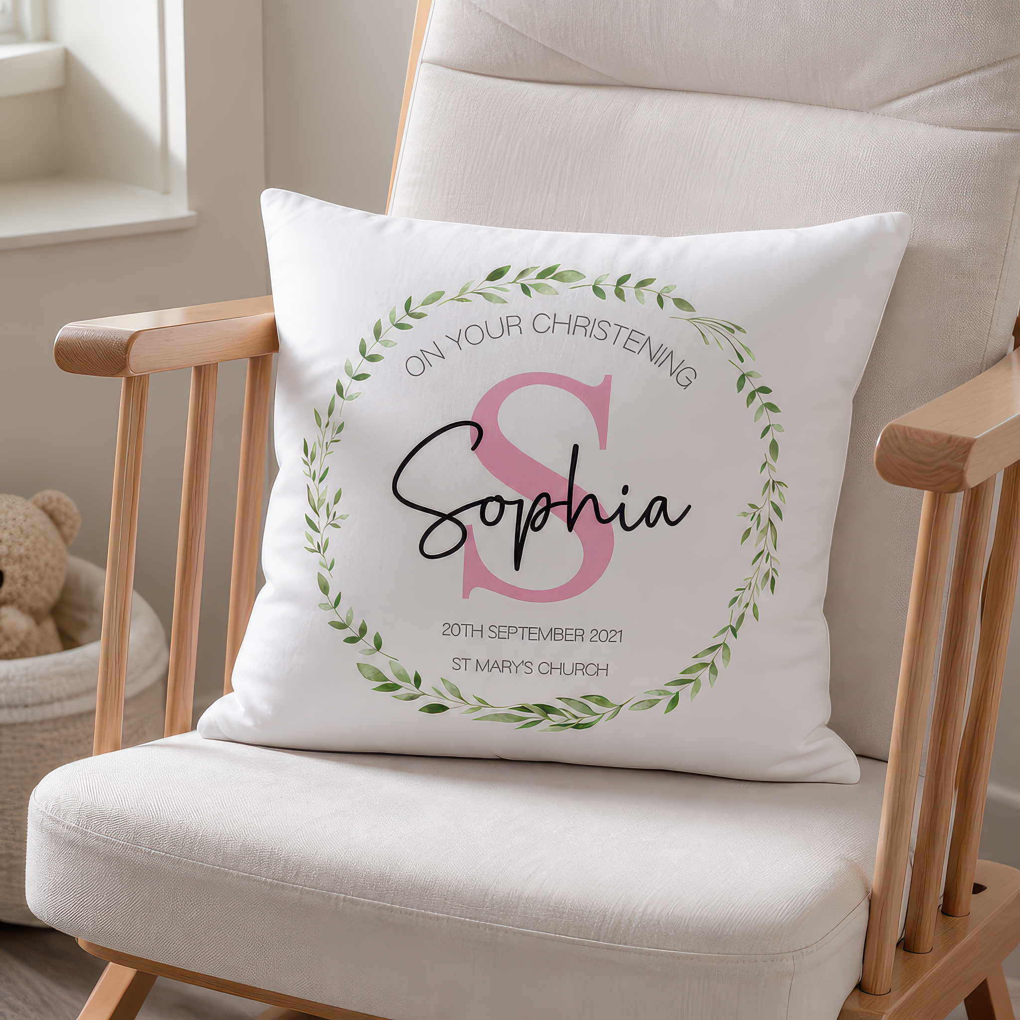 Personalised Pink Initial Christening Cushion