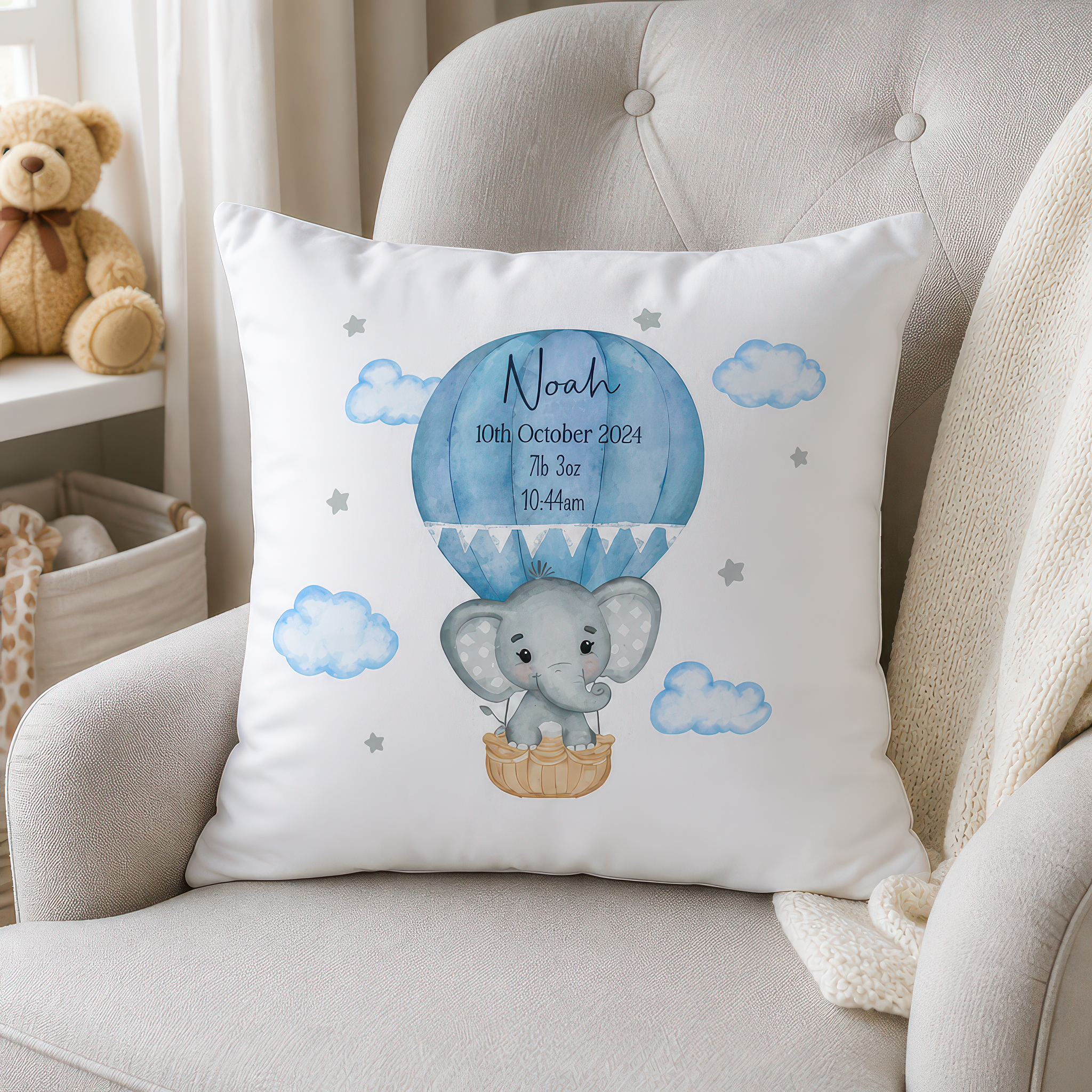 Personalised Blue Elephant Baby Cushion