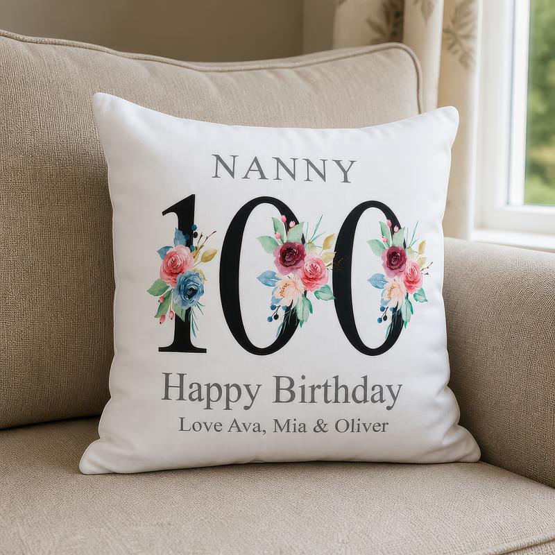 Personalised Black Floral 100th Birthday Cushion