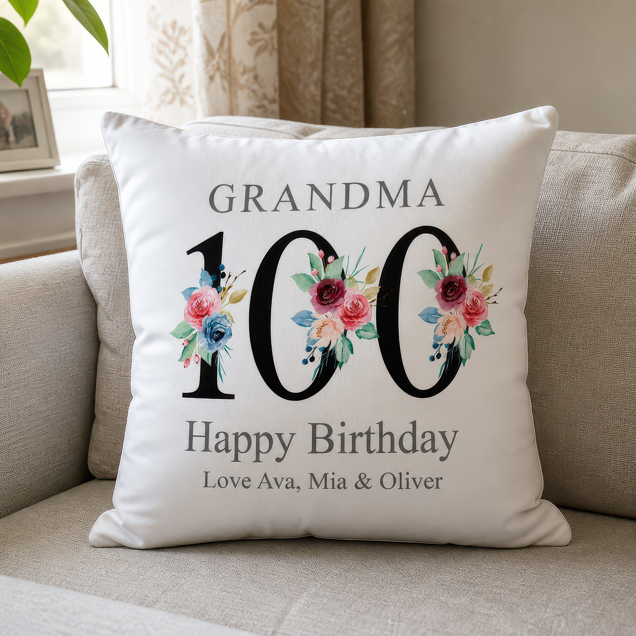 Personalised Black Floral 100th Birthday Cushion