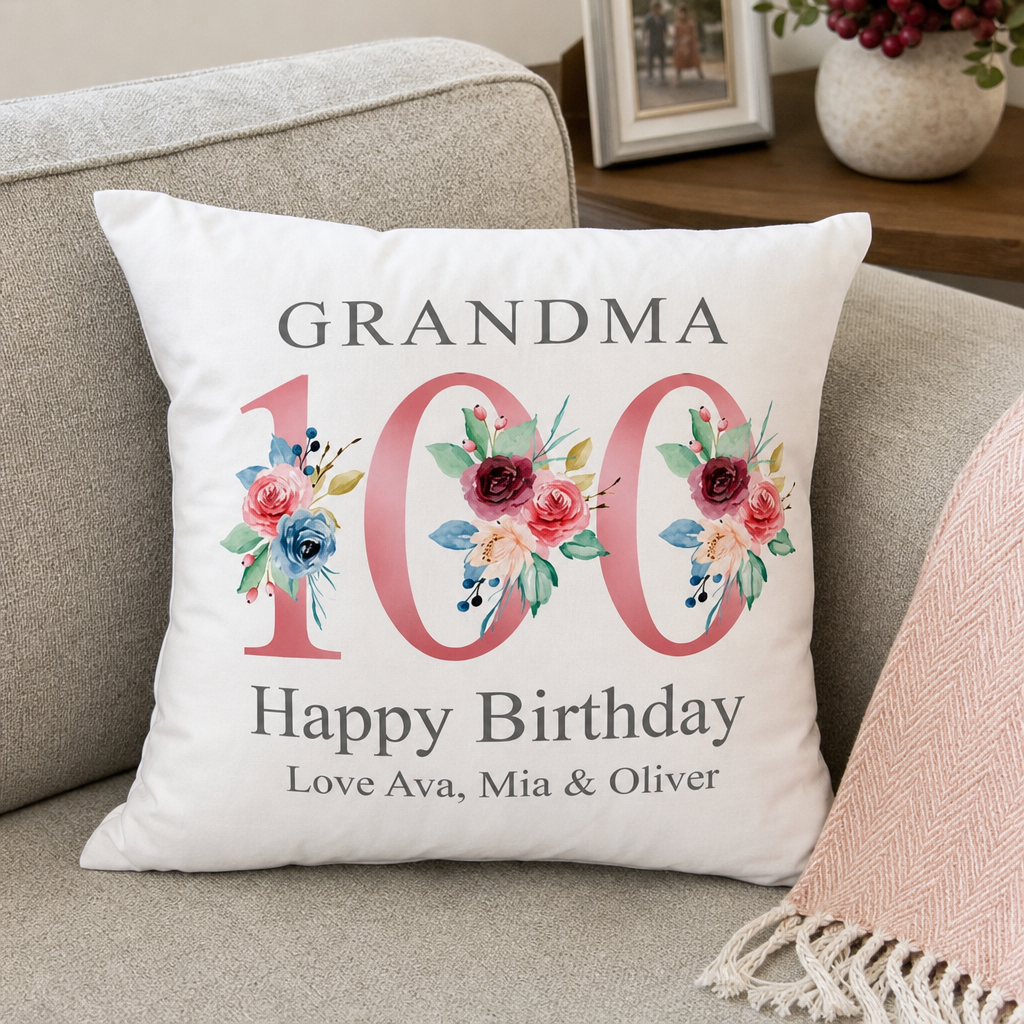 Personalised Rose Gold Floral 100th Birthday Cushion