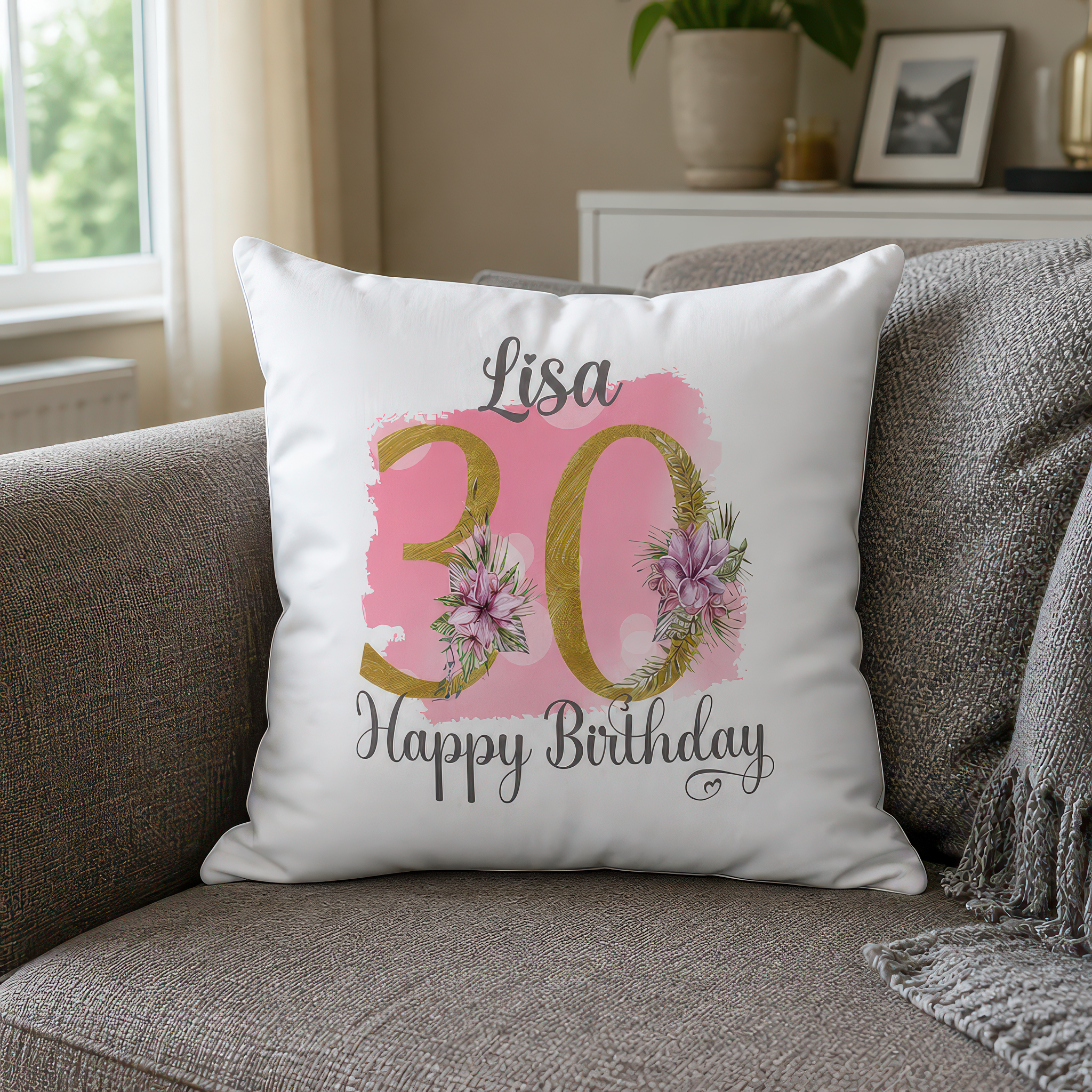 Personalised Pink Floral 30th Birthday Cushion