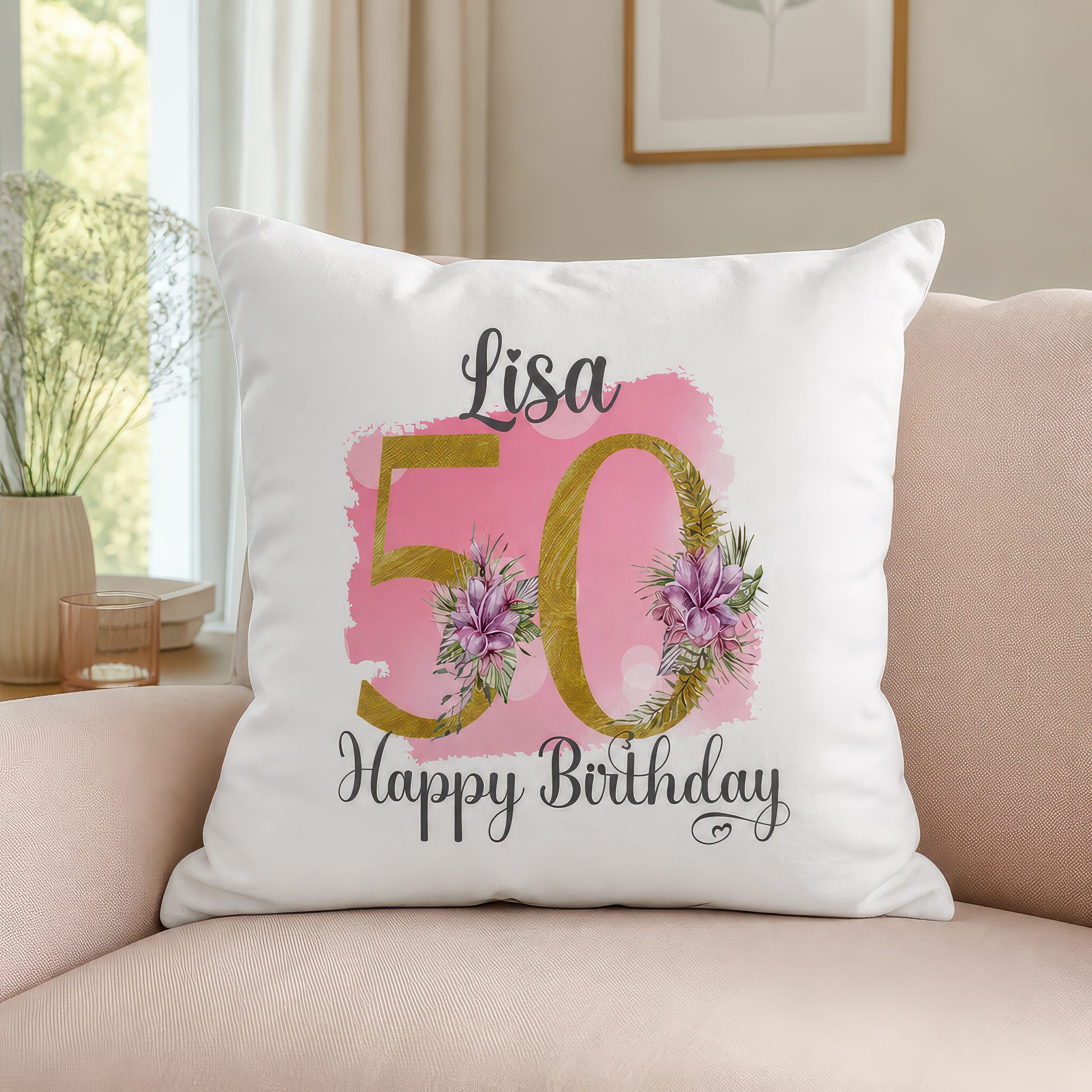 Personalised Pink Floral 50th Birthday Cushion