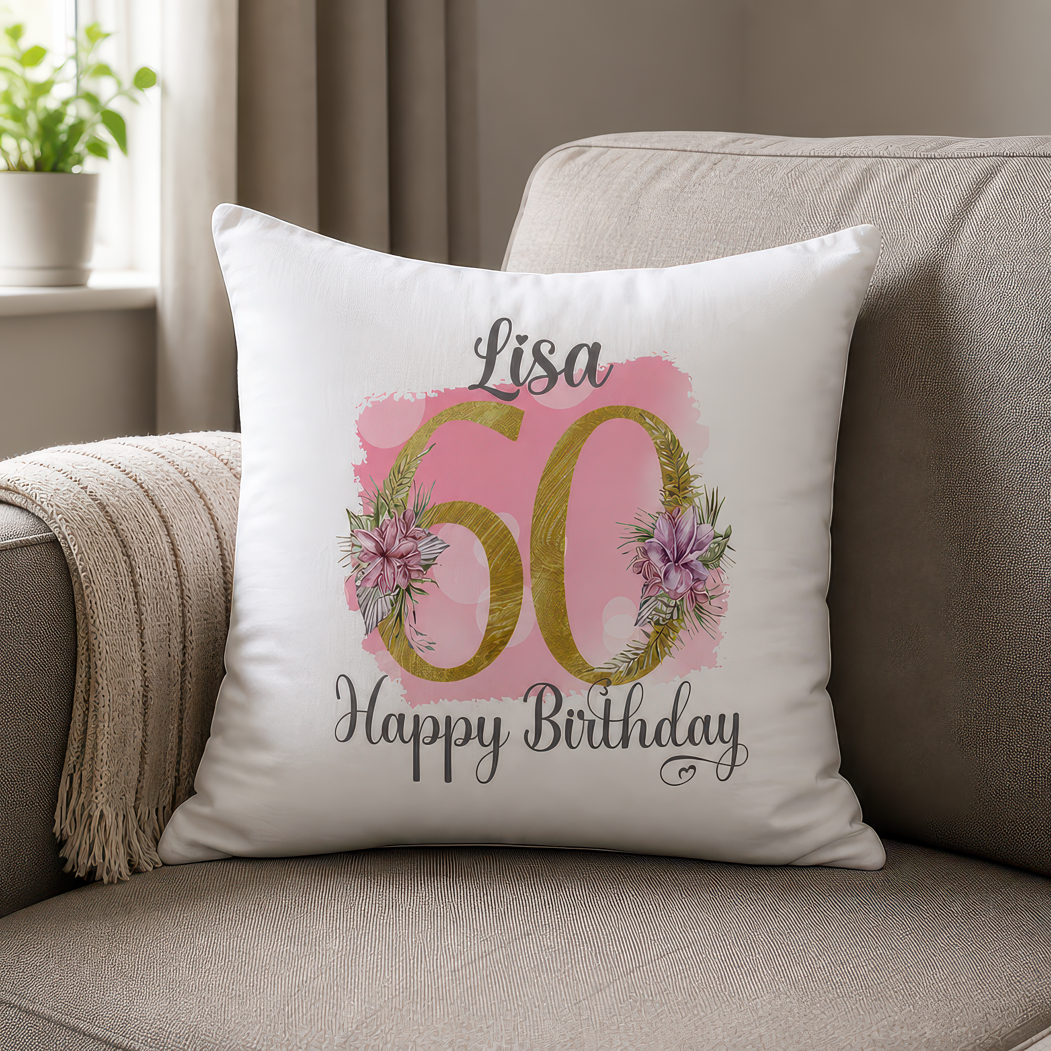Personalised Pink Floral 60th Birthday Cushion