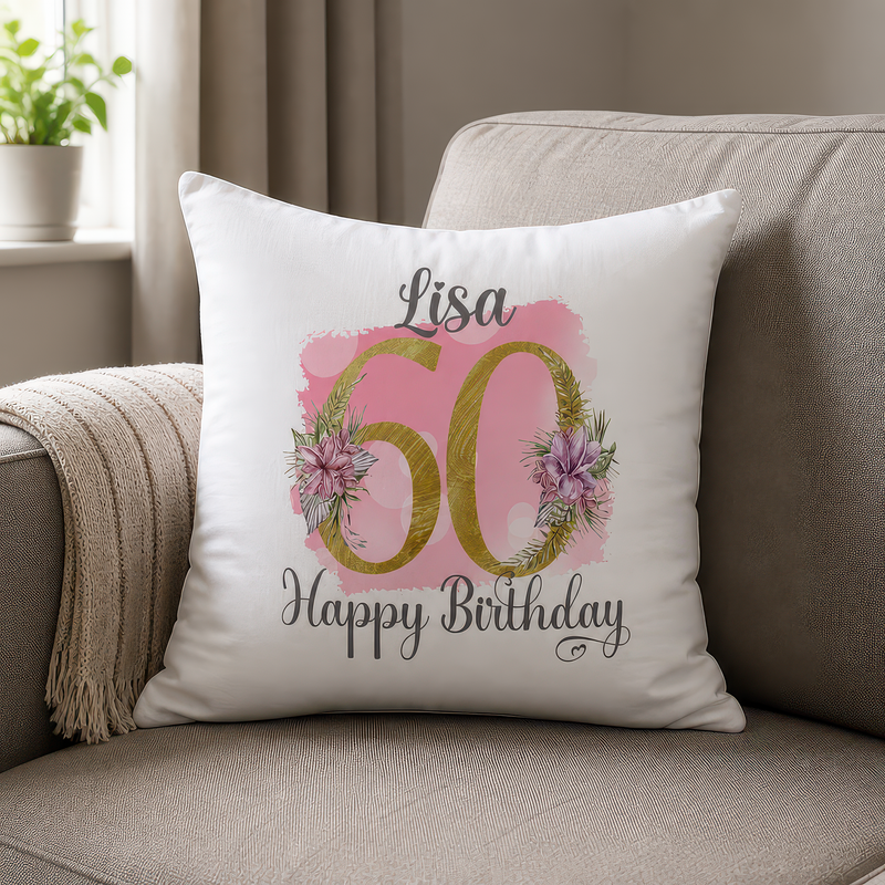 Personalised Pink Floral 60th Birthday Cushion