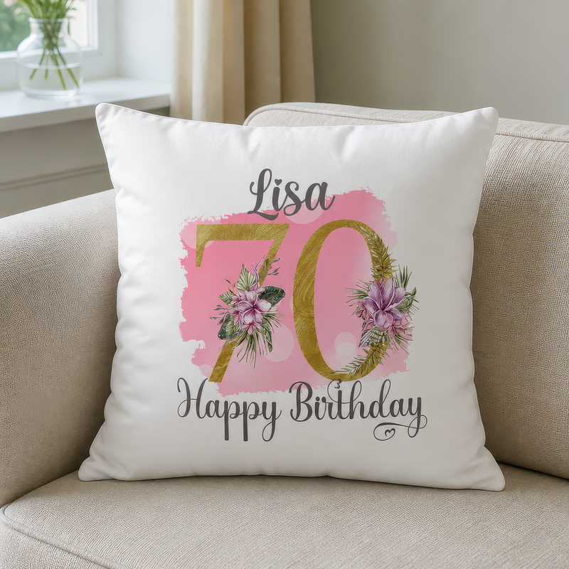 Personalised Pink Floral 70th Birthday Cushion
