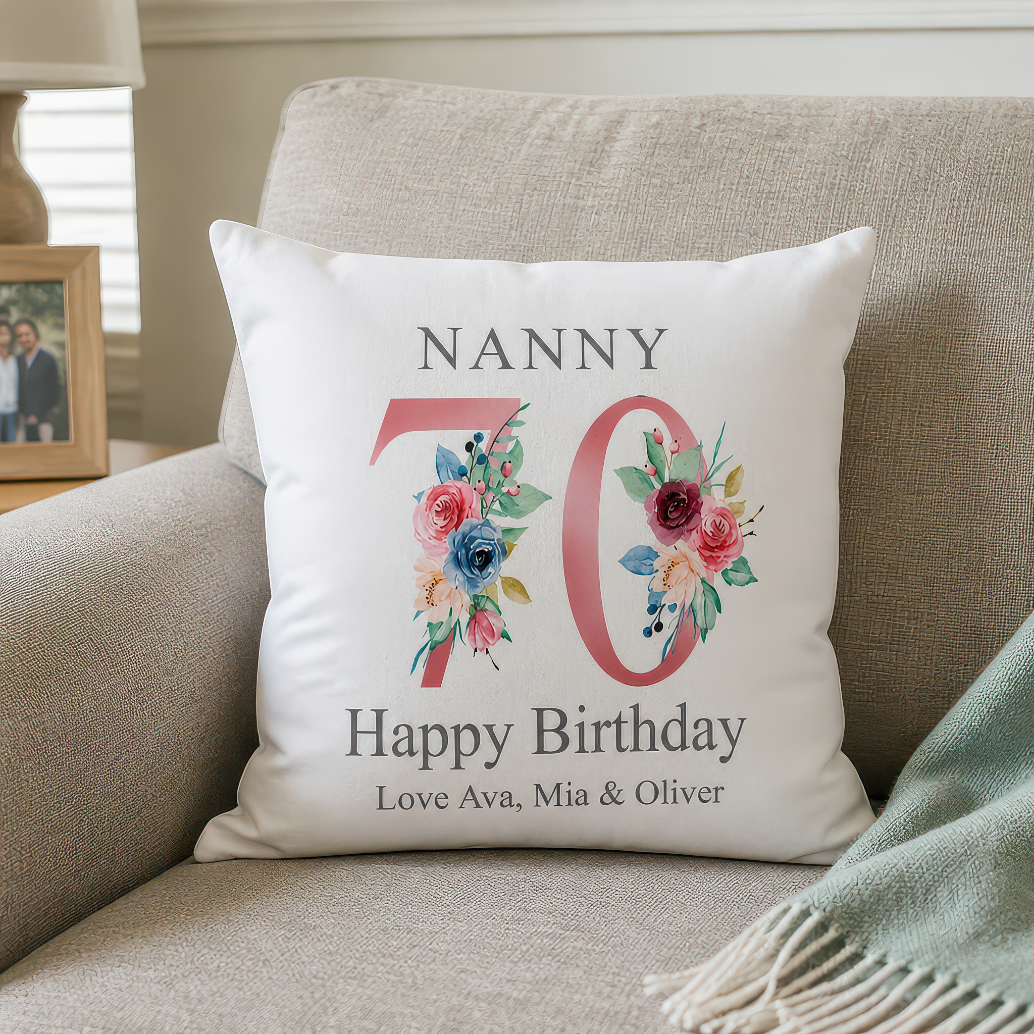 Personalised Nanny 70th Birthday Cushion with Names