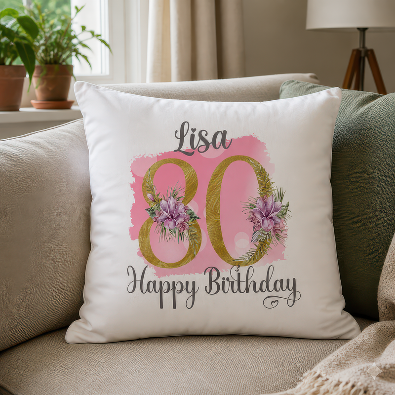 Personalised Pink Floral 80th Birthday Cushion