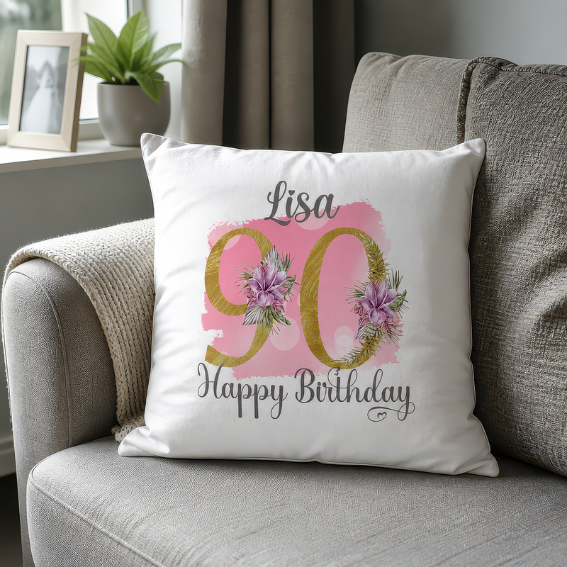 Personalised Pink Floral 90th Birthday Cushion