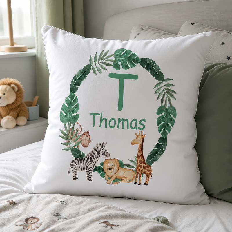 Personalised Jungle Cushion with Name and Initial