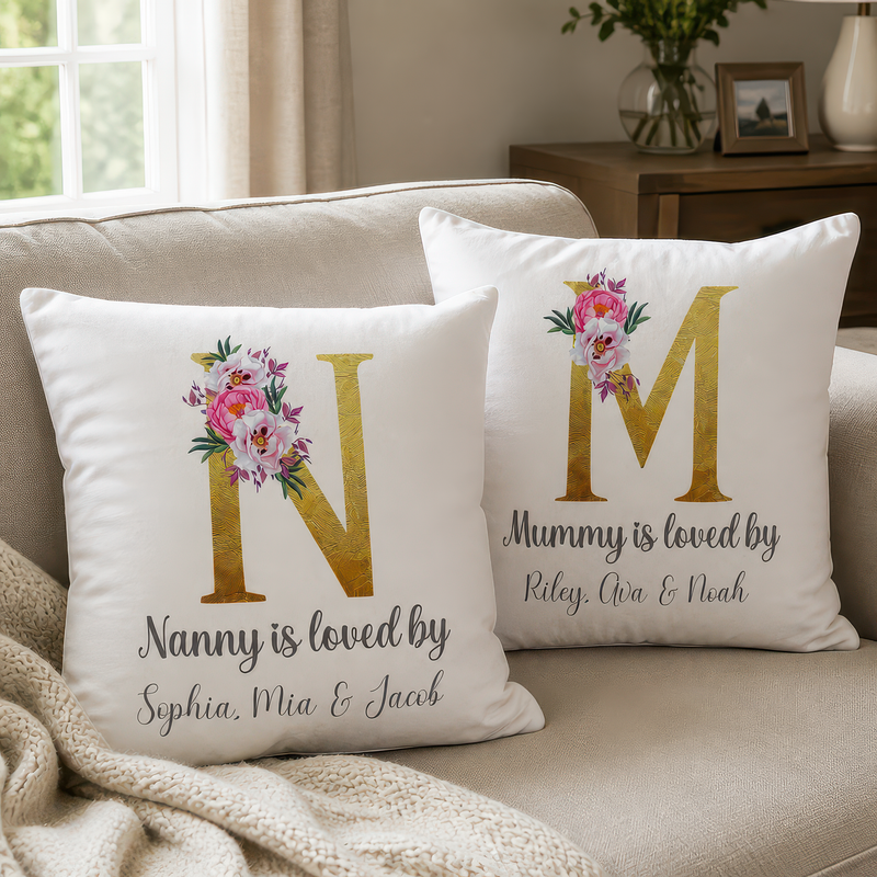 Personalised Gold Floral Nanny Cushion with Names