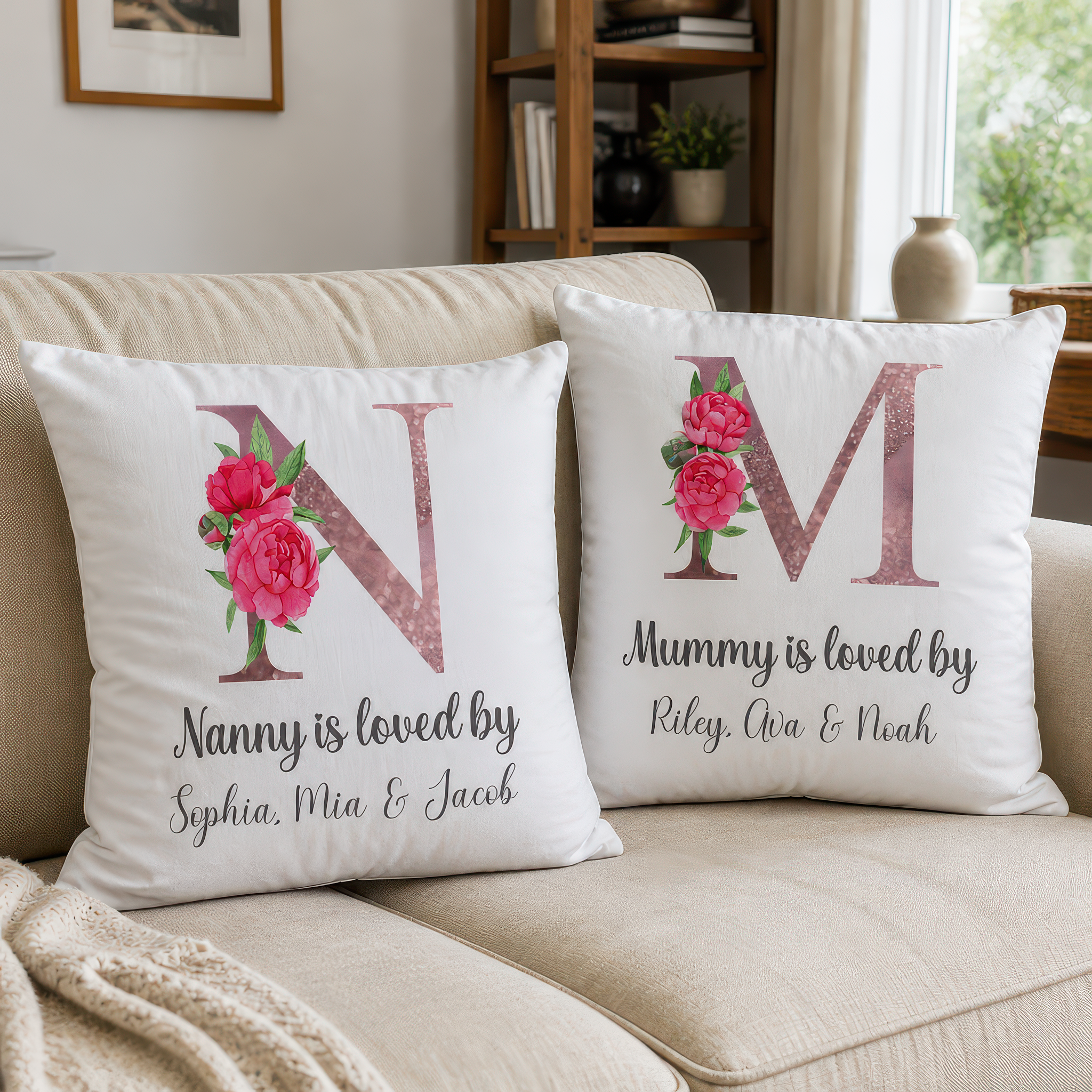 Personalised Rose Gold Floral Nanny Cushion with Names