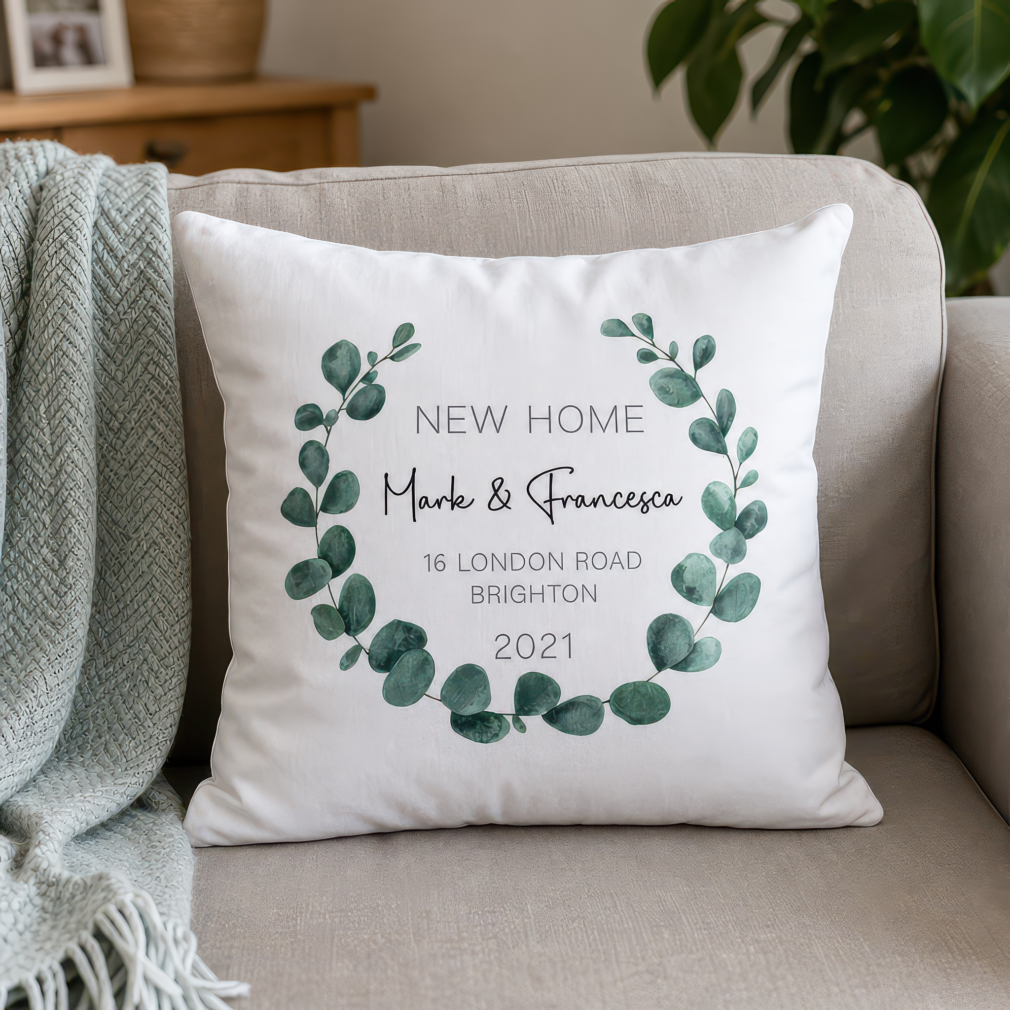 Personalised New Home Eucalyptus Cushion - alternative view