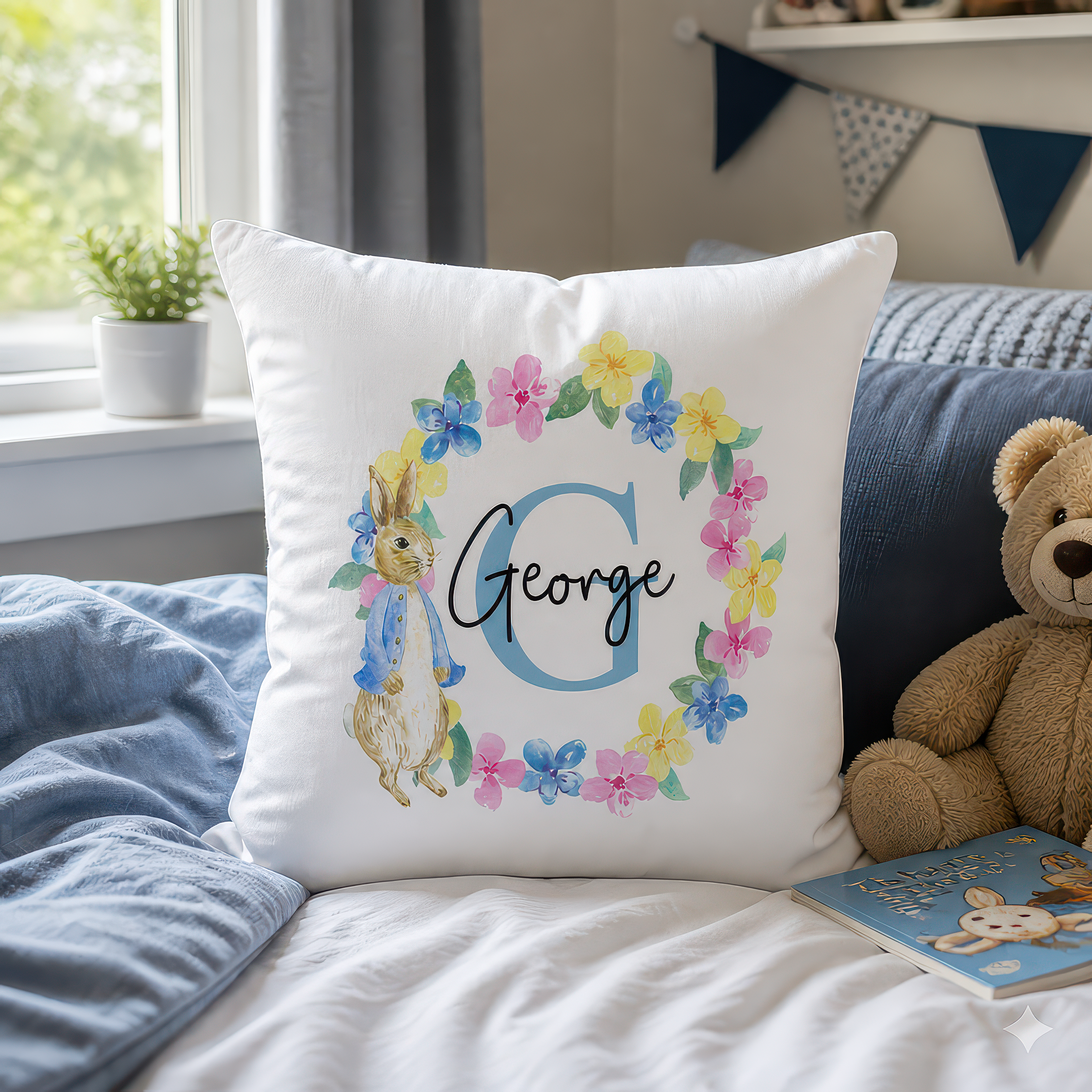 Personalised Blue Rabbit Cushion with Initial