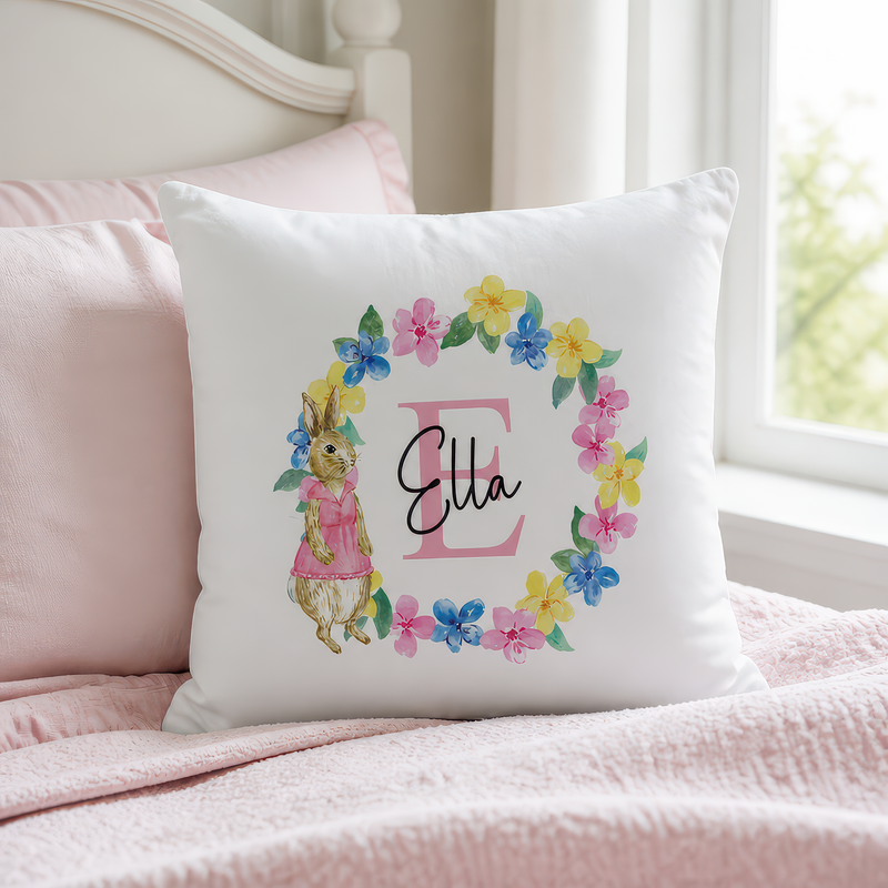 Personalised Pink Rabbit Cushion with Initial