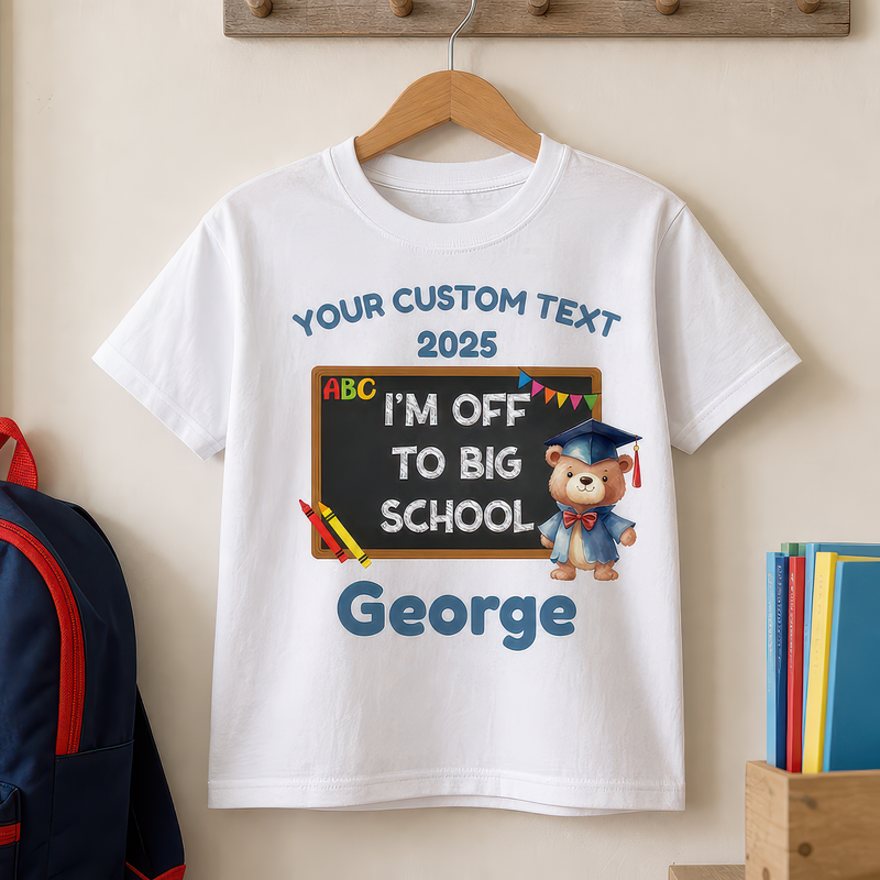 Personalised Big School Teddy Blue Bear T-Shirt with Name - alternative view