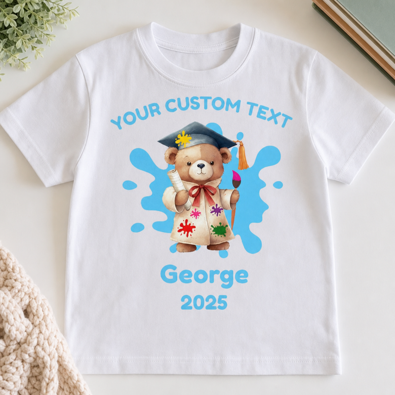 Personalised Nursery Leaver Paint Splash Blue Teddy T-Shirt with Name
