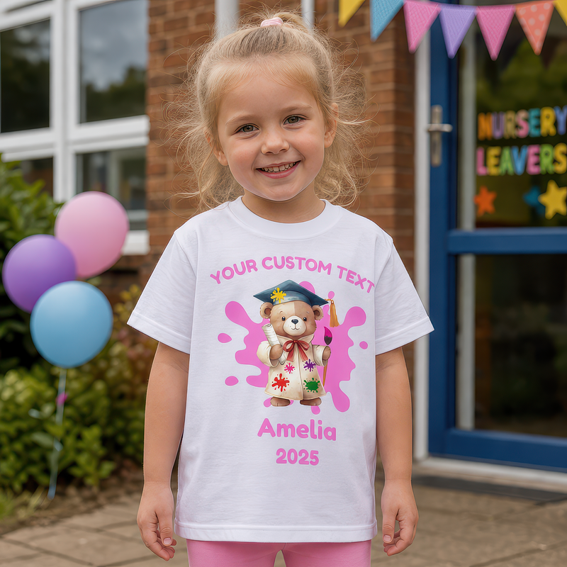 Personalised Nursery Leaver Paint Splash Pink Teddy T-Shirt with Name - alternative view
