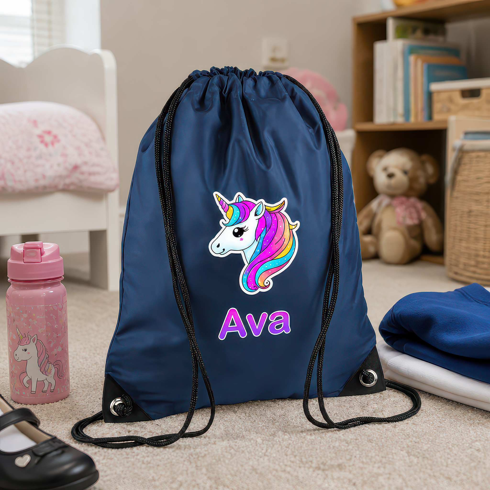Personalised Unicorn Navy with Name Drawstring Bag for Back to School